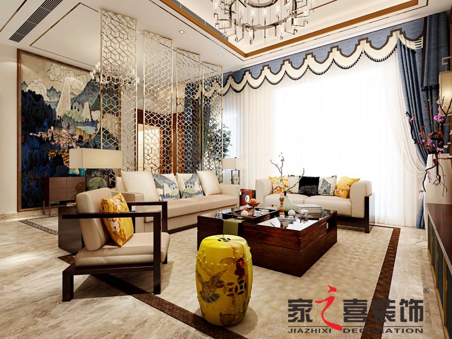 信陽(yáng)裝修案例（復(fù)式）萬(wàn)家燈火310平 新中式